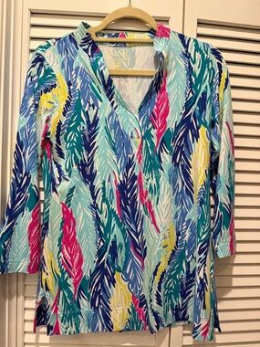 Lilly Pulitzer Turquoise Multi Feather-Print V-Neck Tunic